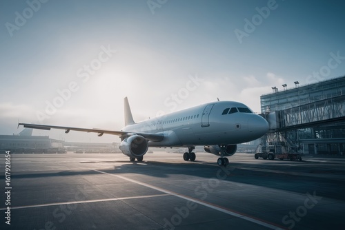 Modern Passenger Airplane at Airport Terminal During Sunrise