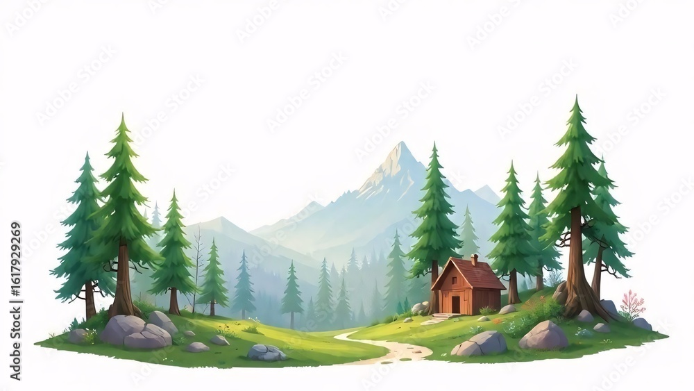 Fototapeta premium A secluded house nestled in a winter forest landscape under a snowy mountain sky