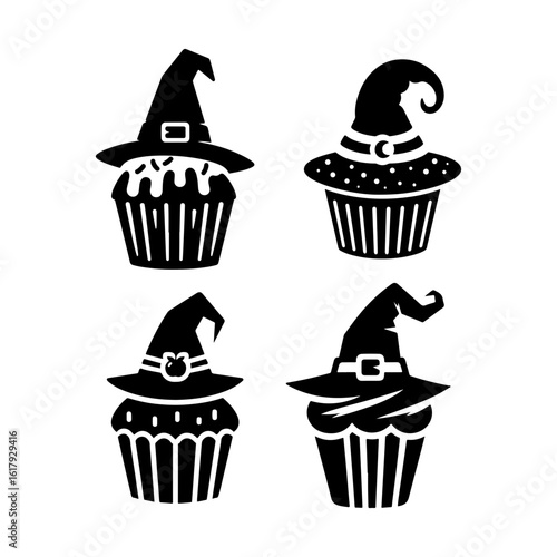 Halloween pumpkin silhouettes on witches hat vector design.