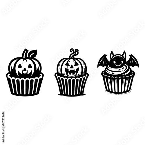 Cupcake with Halloween pumpkin bat silhouette vector.