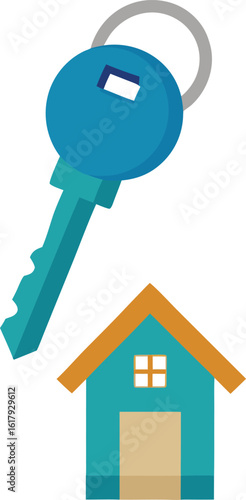 A blue key with a silver ring above a small teal house isolated on white background