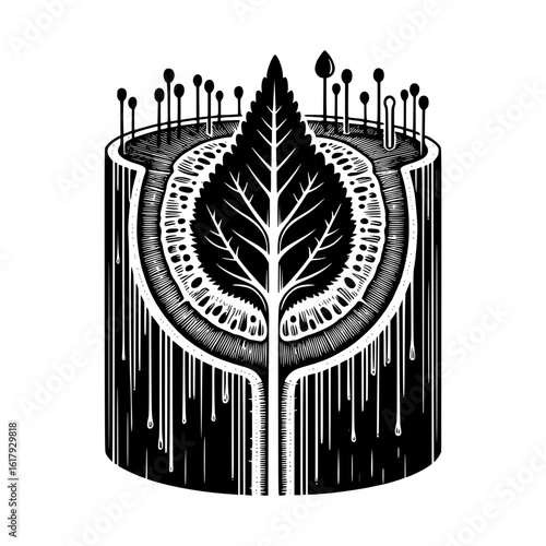 Stylized black and white illustration of a plant cross section with organic growth