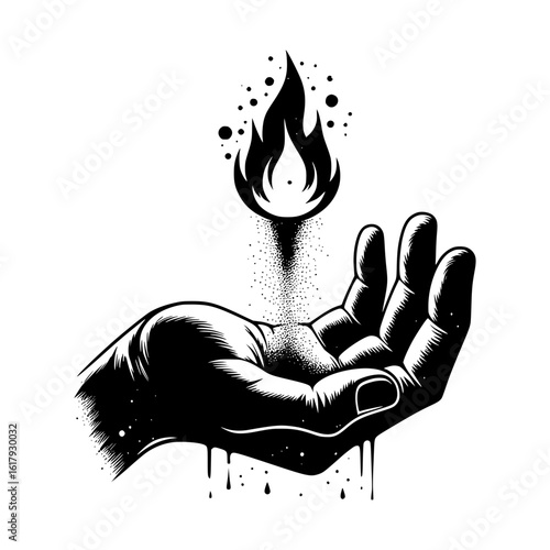 Black and white illustration of a hand conjuring fire with magical energy