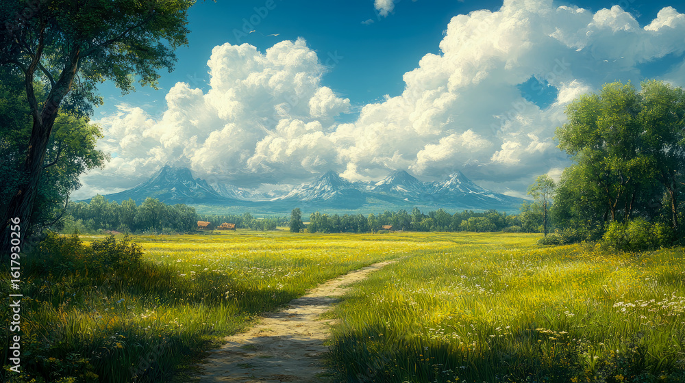 Obraz premium A serene summer landscape painting with a winding path through a vibrant golden meadow, framed by lush green trees, leading towards majestic snow-capped mountains under a bright blue sky filled with 