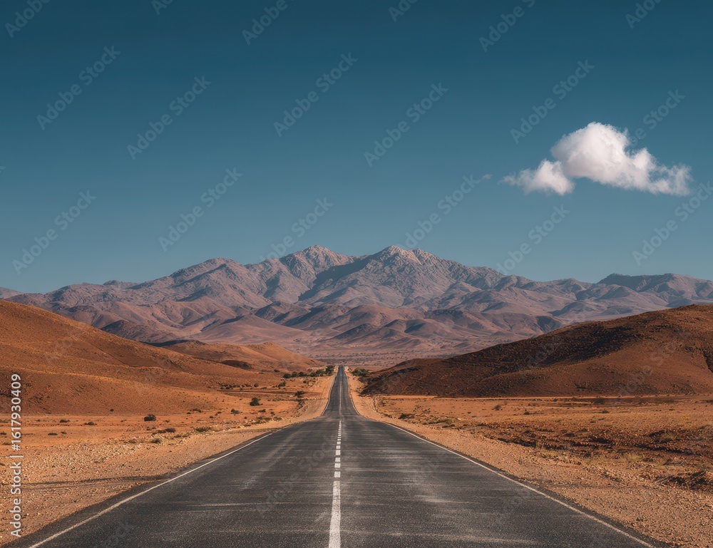 Naklejka premium Desert highway stretching to mountains under a clear sky