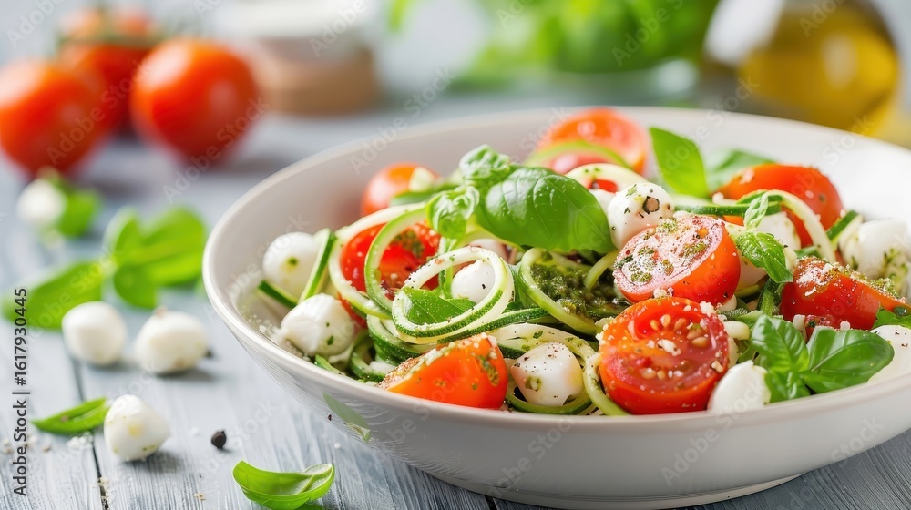 vibrant pesto pasta salad with zucchini noodles, cherry tomatoes, and mozzarella pearls. vibrant pesto pasta salad with zucchini noodles, cherry tomatoes, and mozzarella pearls.