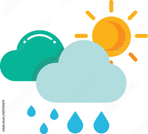Weather icons showing sun, clouds, and rain drops isolated on white background