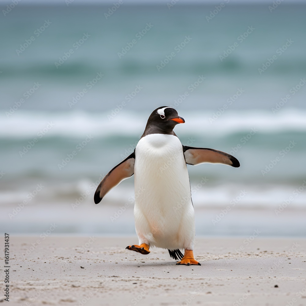 Naklejka premium Gentoo penguin standing on a sandy beach, wings outstretched and one leg raised. penguin has a black head, white belly, orange feet. King Penguin Aptenodytes patagonicus Chicks in Creche in the rain.