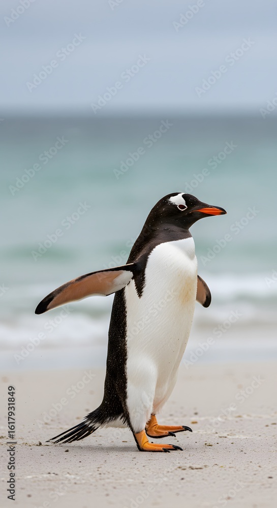 Naklejka premium Gentoo penguin standing on a sandy beach, wings outstretched and one leg raised. penguin has a black head, white belly, orange feet. King Penguin Aptenodytes patagonicus Chicks in Creche in the rain.