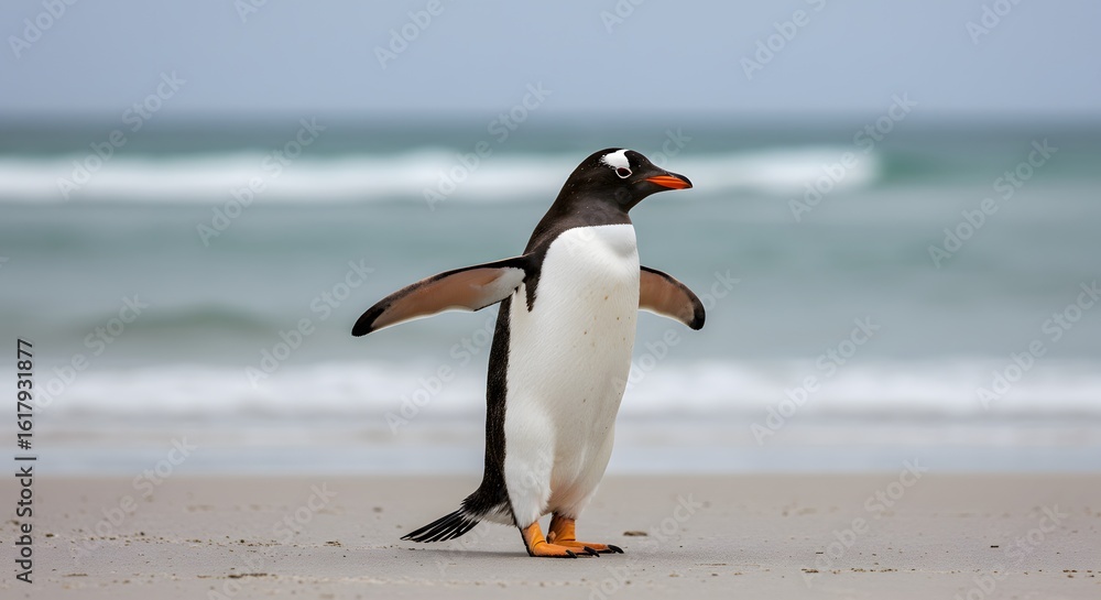 Obraz premium Gentoo penguin standing on a sandy beach, wings outstretched and one leg raised. penguin has a black head, white belly, orange feet. King Penguin Aptenodytes patagonicus Chicks in Creche in the rain.