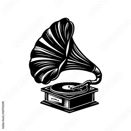 Vintage gramophone with horn and record