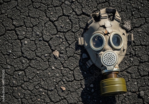 Broken gas mask on cracked earth, symbolizing post-nuclear destruction and testing abolition