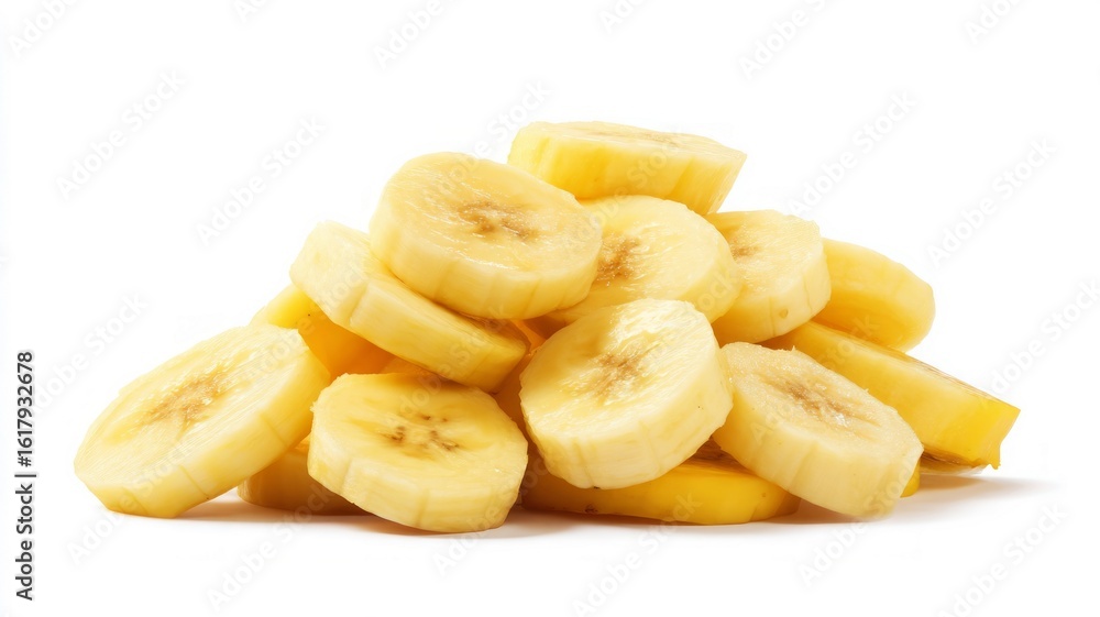 Fresh banana slices on white background. Artificial intelligence image Fresh banana slices on white background. Artificial intelligence image