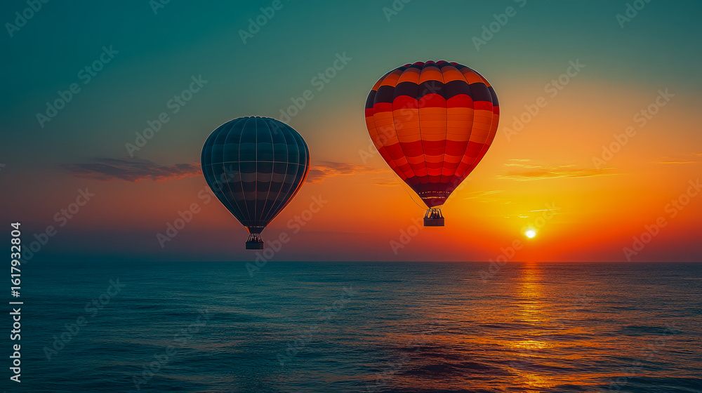 Two vibrant hot air balloons ascend gracefully above the calm ocean during a magnificent, colorful sunset, inspiring tranquility and adventure. Two vibrant hot air balloons ascend gracefully above the calm ocean during a magnificent, colorful sunset, inspiring tranquility and adventure.
