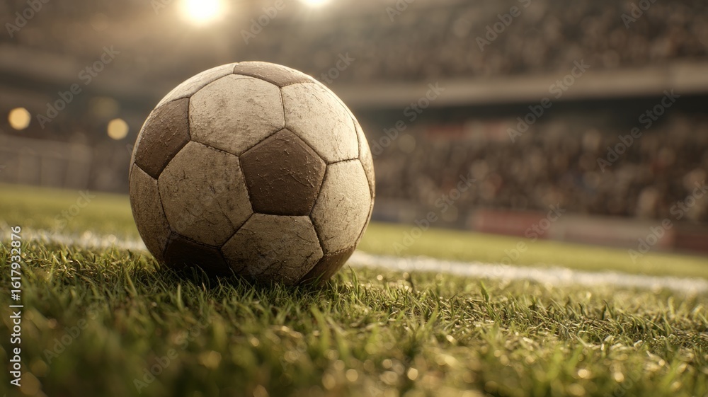 Fototapeta premium Soccer ball on green field under stadium lights. Artificial intelligence image