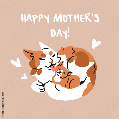 International Mother's Day postcard design with cute cat family. Greeting card template with adorable mom kitty and her baby kitten. Congratulations for holiday for mums. Flat vector illustration