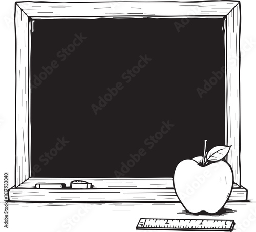 Blackboard with Apple and Ruler: A meticulously illustrated image shows a classic chalkboard, with an apple and ruler. perfect for educational themes. 