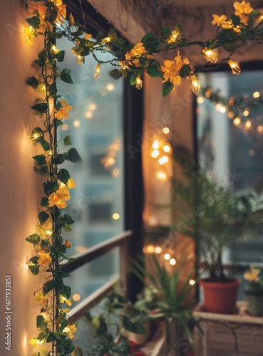 Warm fairy lights drape ivy garland by window