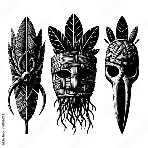 Tribal masks collection featuring bird skull and leaf motifs
