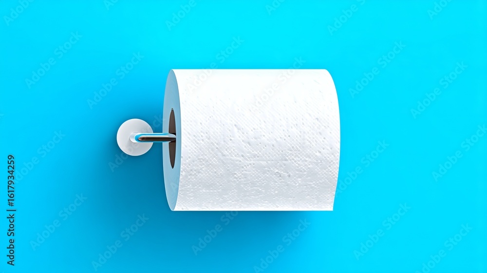 Obraz premium White paper towel roll mounted on a sleek holder against a vibrant blue background, showcasing modern design and functionality in everyday household items