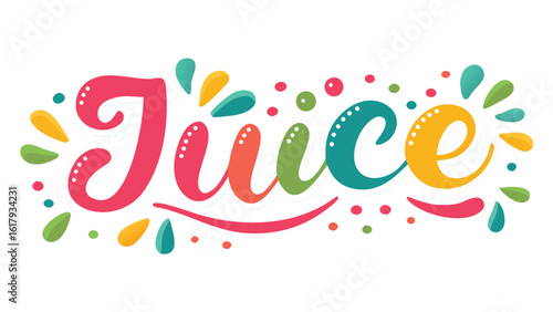 Colorful juice lettering with vibrant drops and dots creating a playful and fresh design element