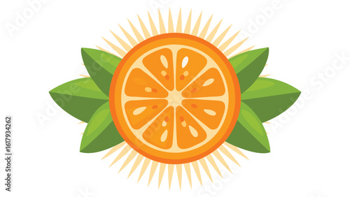 an orange slice with green leaves and sun rays in the background design element