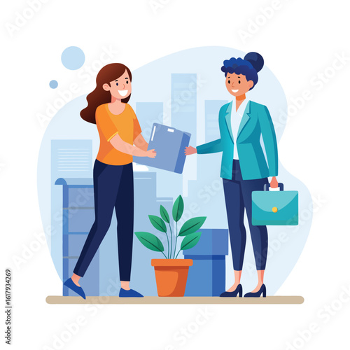 Female manager onboarding new employee, workplace training, HR introduction, corporate teamwork, professional guidance, employee orientation, business leadership vector illustration.