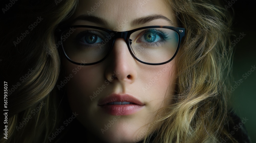 Fototapeta premium Close-up of a woman with blue eyes wearing black glasses, looking directly at the camera