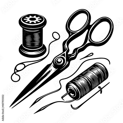 Vintage sewing tools including scissors and thread spools