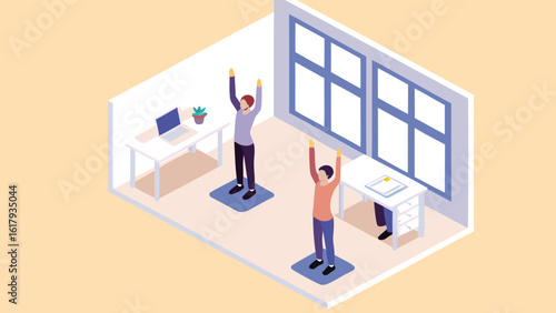 Isometric view of two people stretching in an office with desks and a large window present here