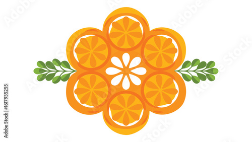 Floral arrangement with orange slices and green leaves in a symmetrical design pattern illustration
