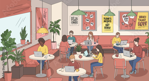 Stylized illustration of people working and socializing in a coffee shop environment