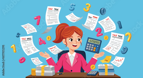 Woman surrounded by tax forms and money, working on personal finance matters
