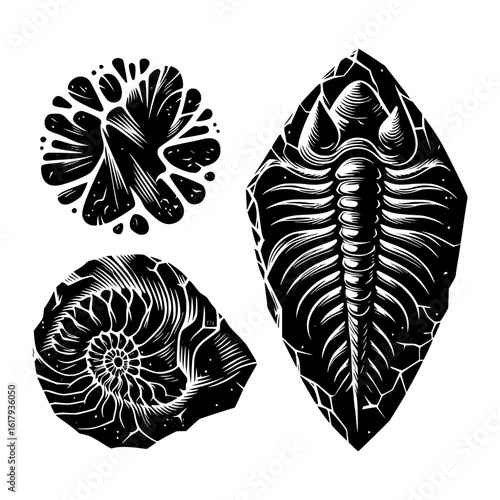 Vintage engraving style fossils trilobite ammonite and sea urchin