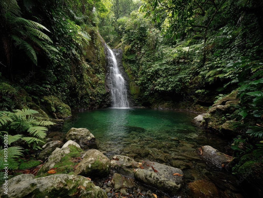 Fototapeta premium Lush jungle waterfall cascading into a serene pool