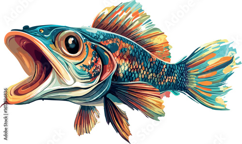 Vibrant and Colorful Fish Illustration with Open Mouth on White Background