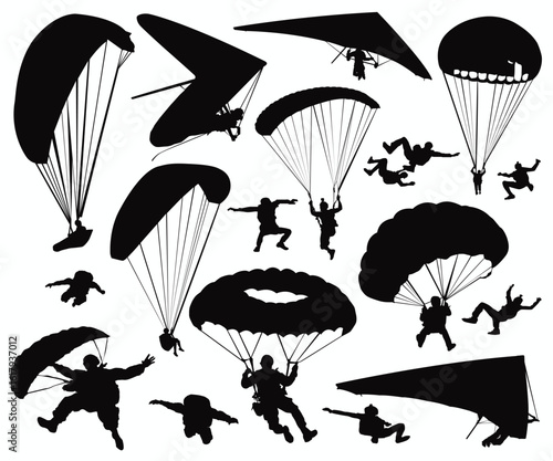 Black Silhouettes Hang Glider or Parachute skydiving. Army parachute, airborne soldiers, military parachuting, descending rapidly, veterans, and civilians jump. Para gliding parachute man illustration