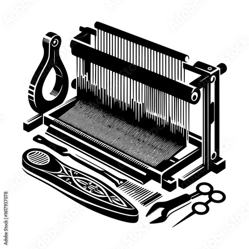 Vintage loom and weaving tools illustration