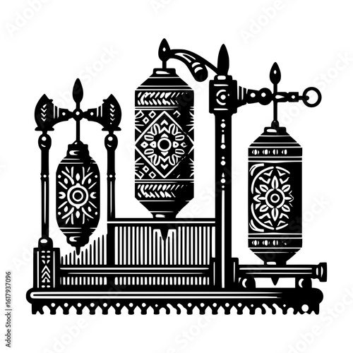 Antique mechanical device with ornate lanterns and gears