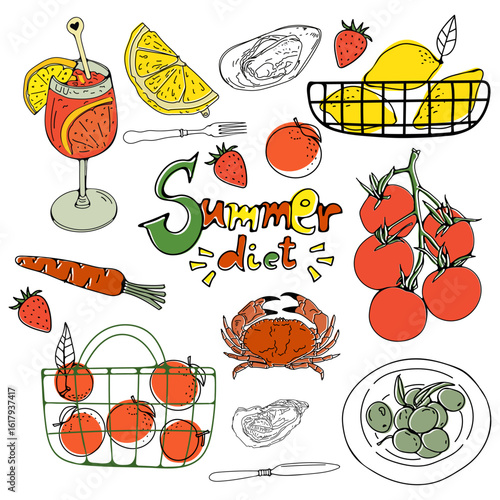 Summer diet. Illustration of colorful summer food elements in vector