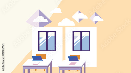 Two office spaces with laptops on desks and windows with clouds outside on a light background design