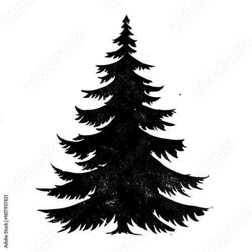 A majestic black silhouette of a fir tree against a clear background.
