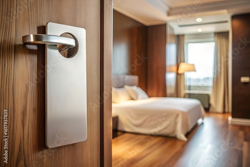 Hotel room door with do not disturb sign and blurred interior view