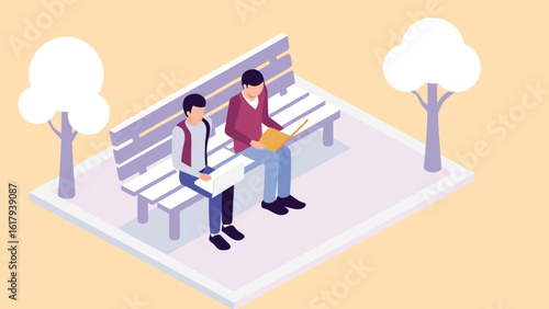 Isometric view of two people sitting on a bench reading books in a park with trees around them