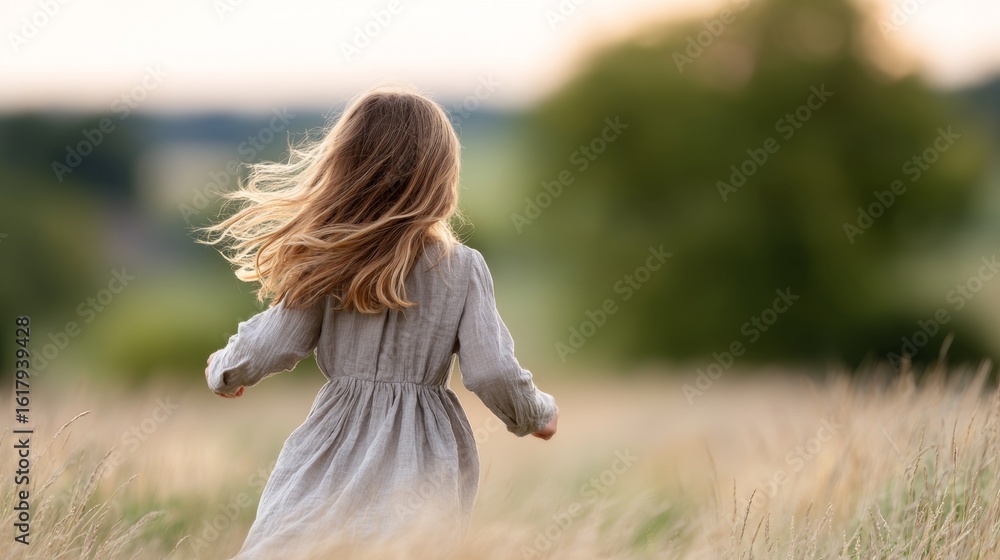 Obraz premium Young girl in flowing dress runs joyfully through golden field, hair blowing in the wind, embodying carefree rural lifestyle and nature's beauty
