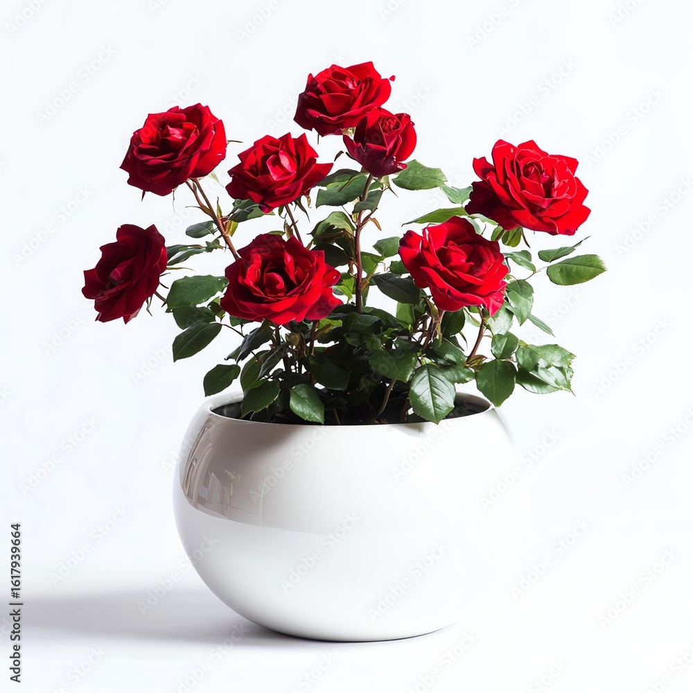 Obraz premium Blooming Rose Bush in Round Ceramic Planter - Vibrant Blooming Rose Bush Photo for Blooming Rose Bush Lovers