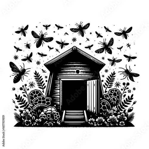 Mysterious wooden cabin surrounded by swarming moths and dark foliage