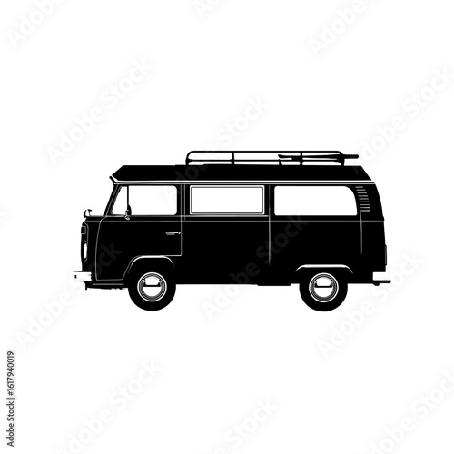 A black vintage van on a plain background.