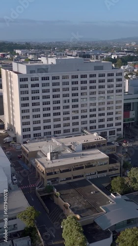 Aerial view of Auckland City Hospital, a large public hospital in Auckland, New Zealand. The hospital provides healthcare services to the local community.