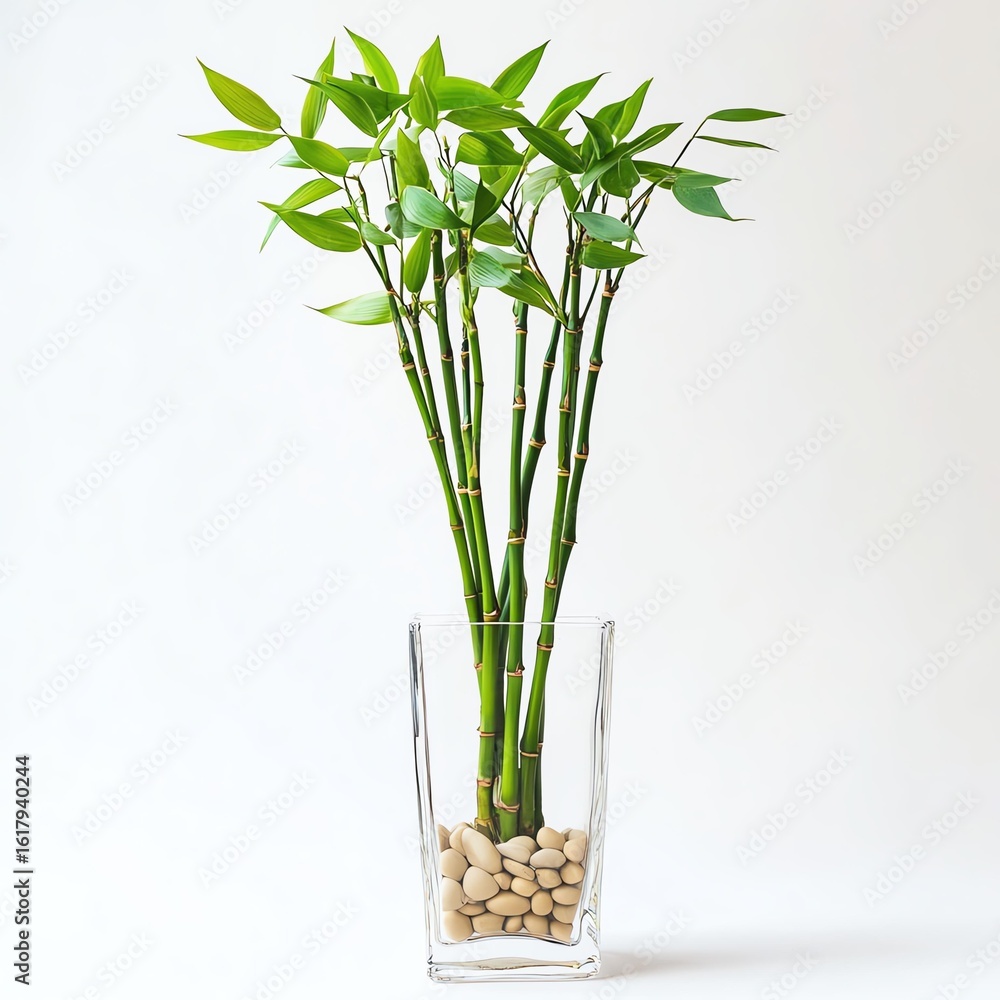 Obraz premium Lucky Bamboo Plant in Clear Glass Vase with Pebbles - Vibrant Lucky Bamboo Photo for Lucky Bamboo Fans